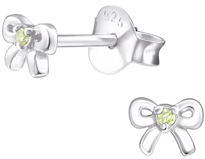 Joy|S - Zilveren strikje oorbellen - 5 x 3.5 mm - massief sterling zilver 925 - zirkonia lime geel - geboorte steen augustus - oorknopjes - kinderoorbellen