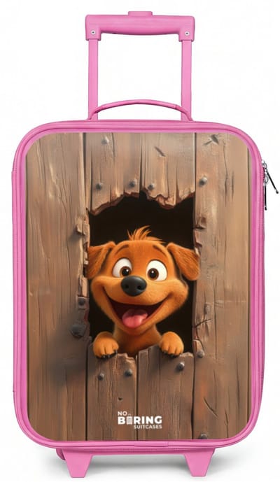 NoBoringSuitcases.com® - Kinderkoffer roze - Kindertrolley meisje - Vrolijke hond kijkt door kapot houten hek - Koffer kind lichtgewicht - Reiskoffer trolley voor kinderen - Koffertje met lichtgevende wieltjes - Rolkoffer
