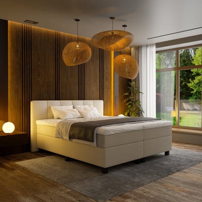 Mörgenn Boxspring Madrid - Pocketvering - 6-Baans Hoofdbord - Teddy Beige - 80x200 cm - Inclusief Dekbed en Kussens