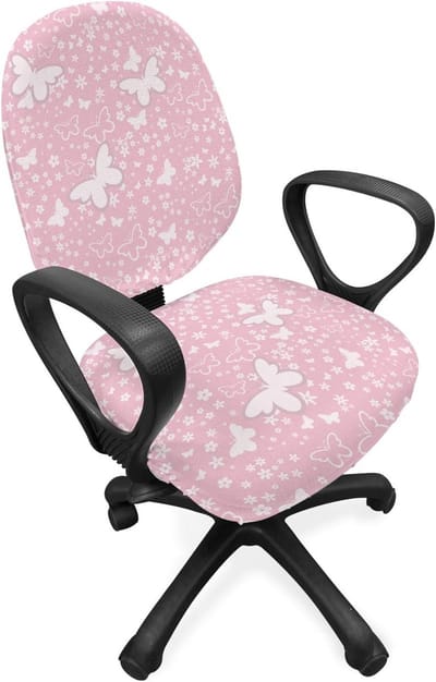 ABAKUHAUS Butterfly bureaustoel met overtrek, zachtroze bloemen, decoratieve beschermhoes van rekstof, lichtroze wit