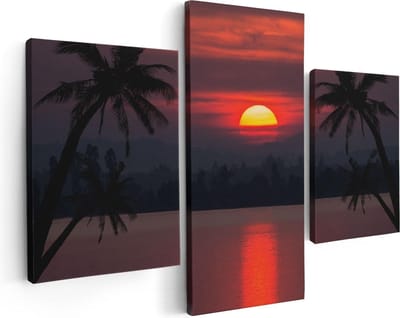 Artaza Canvas Schilderij Drieluik Zonsondergang Op Het Strand Met Palmbomen - 90x60 cm - Wanddecoratie Woonkamer - Schilderijen - Muurdecoratie