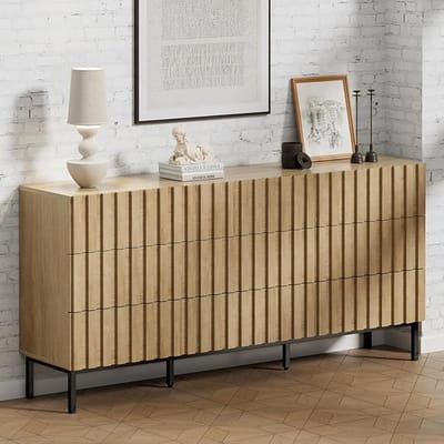 Commode 150 x 34 x 72 cm – Modern Dressoir met 9 Lades – Smalle Opbergkast / TV-Meubel / Buffetkast in Naturel Houtlook – Abkantoor