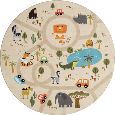 the carpet Happy Life – Wasbaar Rond Kindertapijt / Speelkleed met Jungle & Safari Dieren – Beige – Ø 160 cm rond
