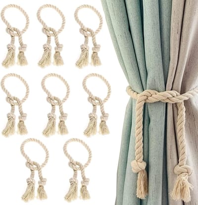 Set van 8 Handgemaakte Gordijnhouders van Katoen - Decoratieve Gordijnriemen en Klemmen voor een Stijlvolle Raamdecoratie (Beige)