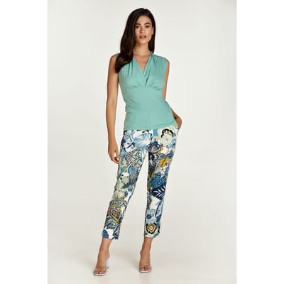 Gebloemde katoenen broek in blauwe en groene tinten