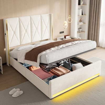 OKWISH Gestoffeerd Bed 160x200 cm - Met Usb En Type C, Led En Opbergruimte - Hydraulisch - Zonder Matras - Beige