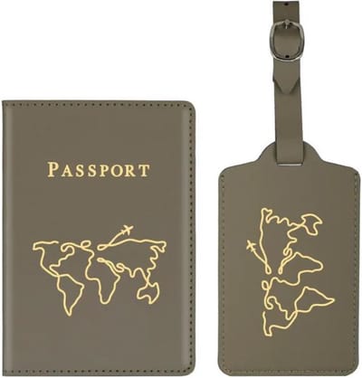 Paspoort hoesje met kofferlabel - Paspoorthouder - Bagage label - Vliegen - Vakantie - Lichtgrijs / Goud - PU leer - 11 cm x 17 cm