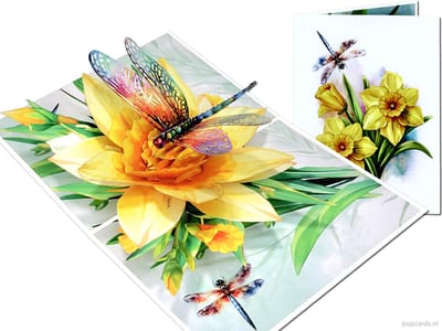 Popcards.nl pop-up kaart - Gele Narcis met Libelle Bloemen Vlinders Wenskaart 3D kaart
