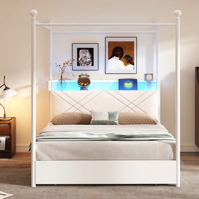 VVBV Hemelbed 140x190 cm met Lades, LED-Verlichting - USB-C, Huisdesign, 3 Lades, Opbergruimte - Metaal Wit