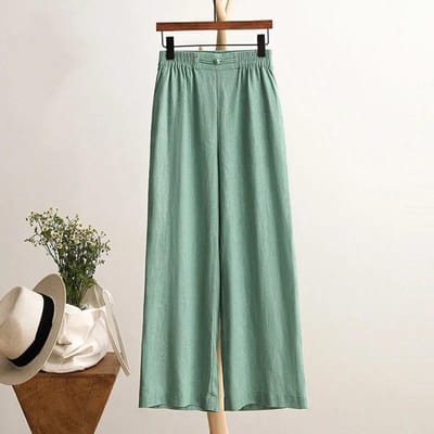 Dames Mode Casual Baggy Lange Broek Wijde Pijp Elastische Taille Katoen Linnen Flare Yoga Broek Grote Maten M groen
