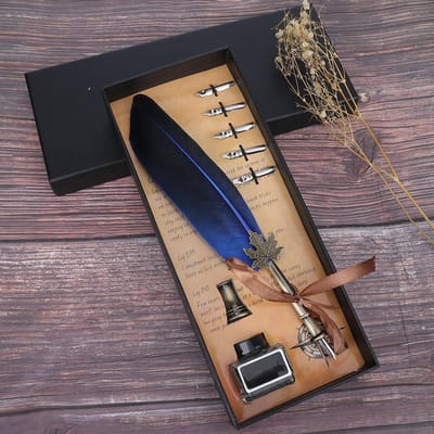 Vintage Veer Vulpen Schrijfpennen Kalligrafie Inktveer Dip Pen Huisdecoratie met Cadeaubox Blue beige