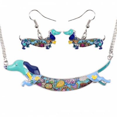 2-Delig- ketting- Oorbellen- Teckel- Blauw- Emaille- Charme Bijoux