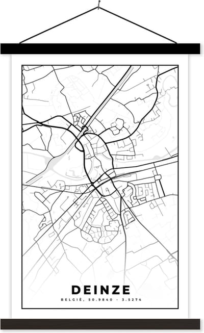 Posterhanger incl. Poster 40x60 cm - Schoolplaat - Stadskaart – Zwart Wit - Kaart – Deinze – België – Plattegrond - Textielposter - Zwarte latten - Stadskaart