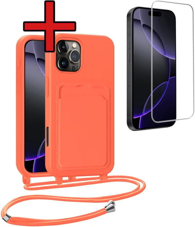 Hoesje Geschikt voor iPhone 16 Pro Hoesje Met Telefoonkoord en Pasjeshouder Met Screenprotector Siliconen - Hoes Geschikt voor iPhone 16 Pro Hoesje Met Kaarthouder Case - Papaya