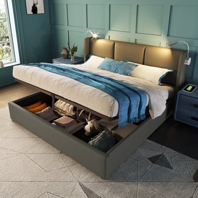 KOMHTOM Tweepersoonsbed Chest bed 140x200 cm Gestoffeerd bed Opslag bed laden in PU Donkergrijs