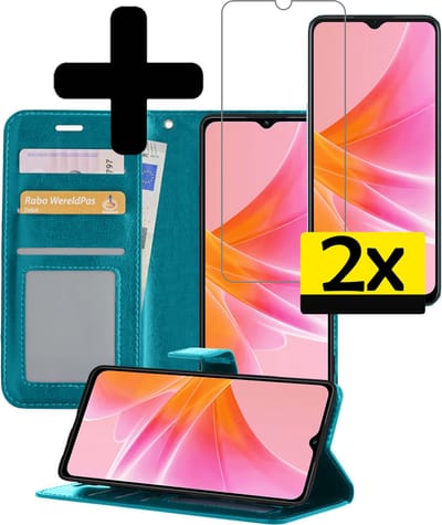 Hoesje - Met 2x Screenprotector - Geschikt voor OPPO A17 - Luxe Pasjeshouder - Bookcase Portemonee - Flip Case - Kunstleer Book Case - Flipcase Hoes - Book Cover - Walletcase - Portemonneehoes - Telefoonhoesjes - Turquoise