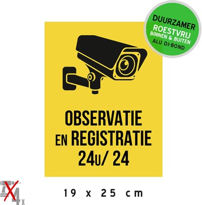 Pictogram/ bord Dibond | "Observatie en registratie - 24u/24" | 19 x 25 cm | Duurzaam | Camerabewaking | Roestvrij | CCTV | Geel | 1 stuk