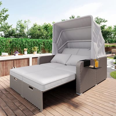 Zonne-eiland Loungeset 189x130x152 cm – 2 Persoons met Opklapbaar Zonnedak, Verstelbare Ligstand, Polyrattan Tuinbank & Loungebed, Weerbestendig – Kaki – Laura