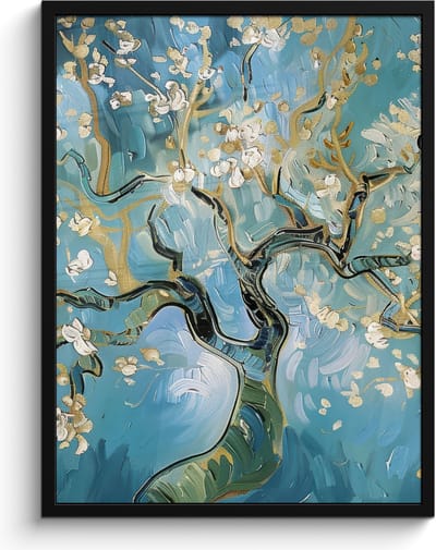 Poster in lijst - Fotolijst 60x80 cm - Posters - Amandelbloesem boom - Blauw - Abstract - Posterlijst zwart - Decoratie - Wanddecoratie woonkamer - Muurdecoratie slaapkamer