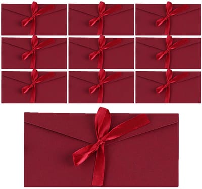carmdering - 10 Stuks Donkerrode Enveloppen - Kaarten Enveloppen - Kraftpapier Enveloppen met Strik - Uitnodigingsenveloppen - 11x22 cm - Bruiloft, Verjaardag, Kerstmis, Valentijn