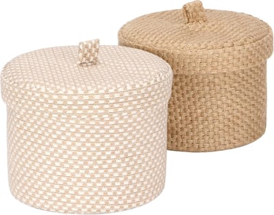 Team 2 Pack Jute en Katoen Linnen Opbergmand Leuke Ronde Doos voor Toilettas Speelgoed Divers Item 2 Liter Bureau Gadget Organizer met Deksel (Small A)