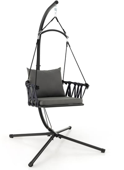 COSTWAY Hangstoel met frame, opvouwbare hangstoel met gezellig zit- en rugkussen, hangschommel met geweven rugleuning, voor binnen en buiten