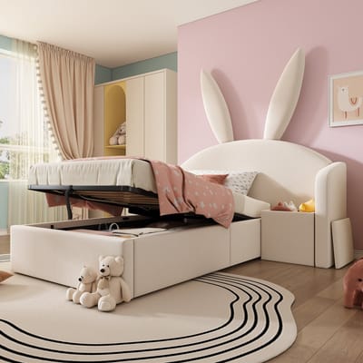 MODFU - Kinderbed - Met Opbergruimte En Nachtkastje - Konijnenoren - Fluweel - Beige - 90 X 200 Cm