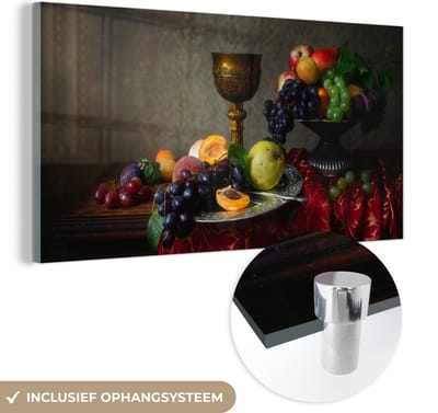 MuchoWow® Glasschilderij 120x60 cm - Schilderij acrylglas - Rustiek - Tafel - Fruit - Stilleven - Beker - Foto op glas - Schilderijen