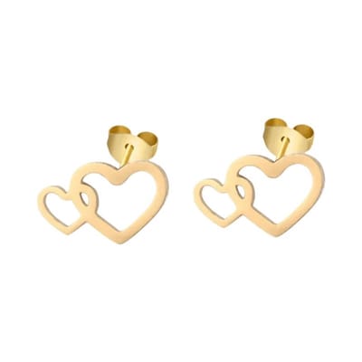 Aramat Jewels | Oorbellen | Stalen Hartjes Oorbellen 9x6mm - Goudkleur - Dubbele Harten | | | |9mm | Staal | Volwassenen, Kinderen | Verkleurd niet