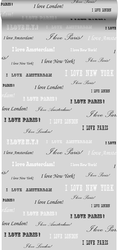 ESTAhome behang I love Paris - quotes zilver en zwart - 53 cm x 10.05 m - 136829