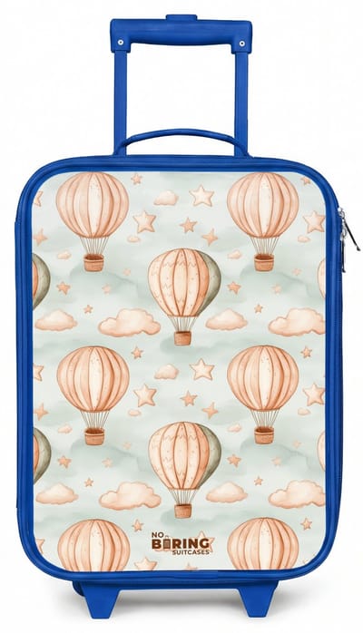 NoBoringSuitcases.com® - Kinderkoffer blauw - Kindertrolley jongen - Vintage luchtballonnen in sepia met wolken en sterren - Koffer kind lichtgewicht - Reiskoffer trolley voor kinderen - Koffertje met lichtgevende wieltjes - Rolkoffer