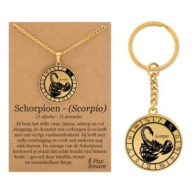 Sterrenbeeld Schorpioen / Scorpio Ketting + Sleutelhanger - Goudkleurig - Stainless Steel op Cadeau Kaartje- 60cm - Pax Amare