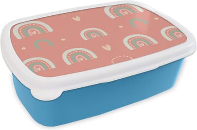 Broodtrommel Blauw - Lunchbox - Brooddoos - Meisjes - Regenboog - Hartjes - Patronen - Girl - Roze - Kinderen - Kind - 18x12x6 cm - Kinderen - Jongen