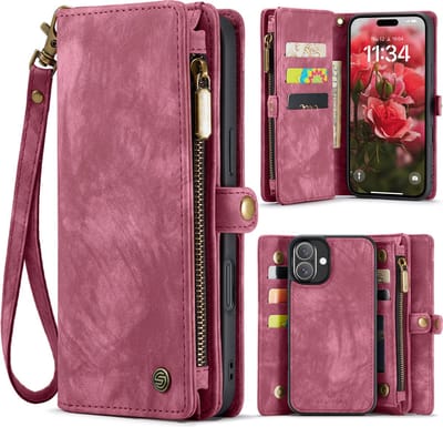Geschikt Voor iPhone 16 Hoesje - Solidenz Wallet Case - Telefoonhoesje - Case Met Pasjeshouder - Met Ritsvak - Met Polskoord - Portemonee Hoes - Rood