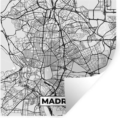 Muurstickers - Sticker Folie - Madrid - Zwart Wit - Stadskaart - Plattegrond - Kaart - 100x100 cm - Plakfolie - Muurstickers Kinderkamer - Zelfklevend Behang XXL - Zelfklevend behangpapier - Stickerfolie