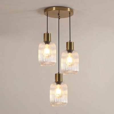 3-armige koperkleurige hanglamp van helder glas, 73x73x150cm, E27-fitting (lamp niet inbegrepen)