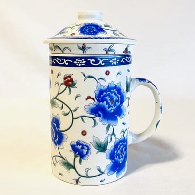 Theebeker / mok /  theebeker met filter / met deksel  / met zeef  1 persoons H 15 cm Ø 8 cm Blauwe pioen