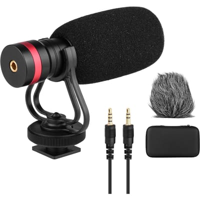 Cardioïde directionele condensatormicrofoon met anti-schokmontage 3,5 mm TRS en TRRS audio-uitgang zwart