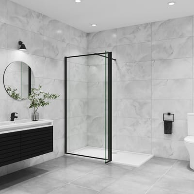 Inloopdouche-douchewand 140+30x195cm,8mm zwart raster gehard gezeefdrukt glas,makkelijk schoon te maken,antikalk,stabilisatiestang 90cm (kan worden gesneden),mat zwart aluminium profiel.