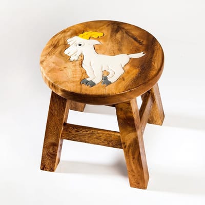 Houten Kinderkruk met Geitenmotief - Stevige Kindervoetenbank met 25 cm Zithoogte