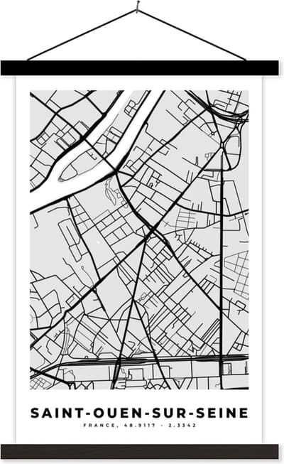 Posterhanger incl. Poster 40x60 cm - Schoolplaat - Kaart – Stadskaart – Frankrijk - Saint-Ouen-sur-Seine - Plattegrond - Textielposter - Zwarte latten - Stadskaart