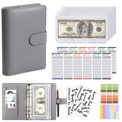 A6 Budget Planner & Spaarplanner / Budgetmap Planner 6-Gaats 8 Ritssluitingen Enveloppen 2 Stickers Eén Notitieboek Portemonnee voor Geld Besparen en Geldbeheer Organizer Cash Systeem - Grijs