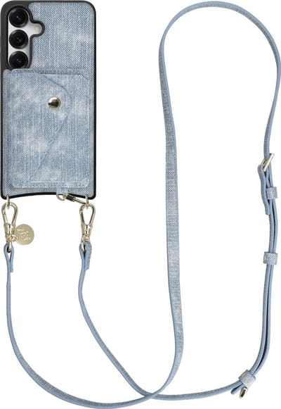 AVY Hoesje geschikt voor Samsung Galaxy S25 / S24 | Met Koord en Kaarthouder | Compatibel met MagSafe | Kunstleren Case met Crossbody Koord & Wallet | Long Denim | Denim