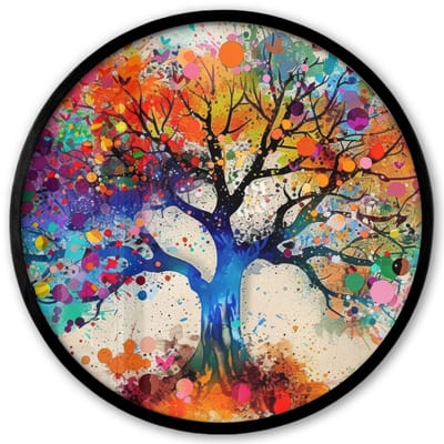 Poster in lijst Rond - Fotolijst 40x40 cm - Posters - Levensboom - Natuur - Kleurrijk - Boom - Ronde posterlijst zwart - Decoratie - Wanddecoratie woonkamer - Muurdecoratie slaapkamer