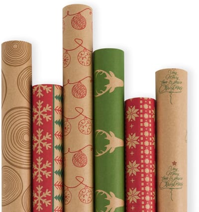 Dailygoody - Kerst Inpakpapier Rol - Bruin Kraftpapier - Kerst Elementen - 6 Rollen - 76cm X 305cm - Rood/Groen
