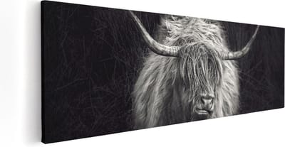 Artaza Canvas Schilderij Hooglander - 60x20 cm - Schilderijen Op Canvas Woonkamer - Muurdecoratie Dierenkop - Zwart Wit