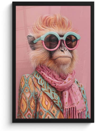 Poster in lijst - Fotolijst 40x60 cm - Posters - Sjaal - Aap - Zonnebril - Jasje - Posterlijst zwart - Decoratie - Wanddecoratie woonkamer - Muurdecoratie slaapkamer
