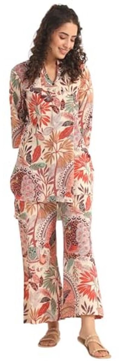 Etnische Kurta-Set voor Dames - Set van 2 met Bloemenprint en A-lijn