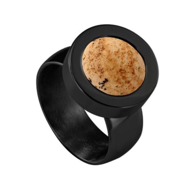 Quiges RVS Schroefsysteem Ring Zwart Glans 16mm met Verwisselbare Zandsteen Beige 12mm Mini Munt