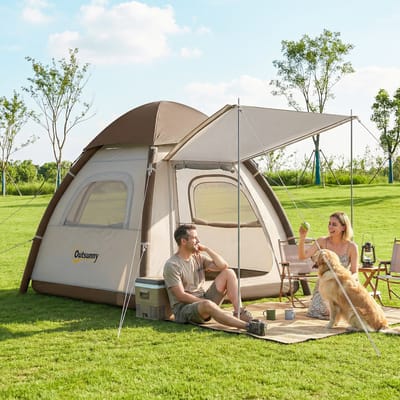 Outsunny Opblaasbare kampeertent met klamboe voor 3-4 personen Tent met vestibulepomp Upf30+ Deuren Draagtas Snelle montage Oxford-stof Waterdichte hoes 3000 mm